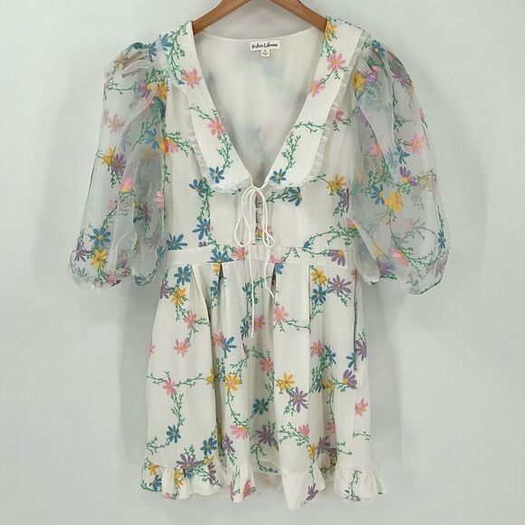 For Love And Lemons Majorie Mini Dress Embroidered Floral Women Medium White - Picture 1 of 12